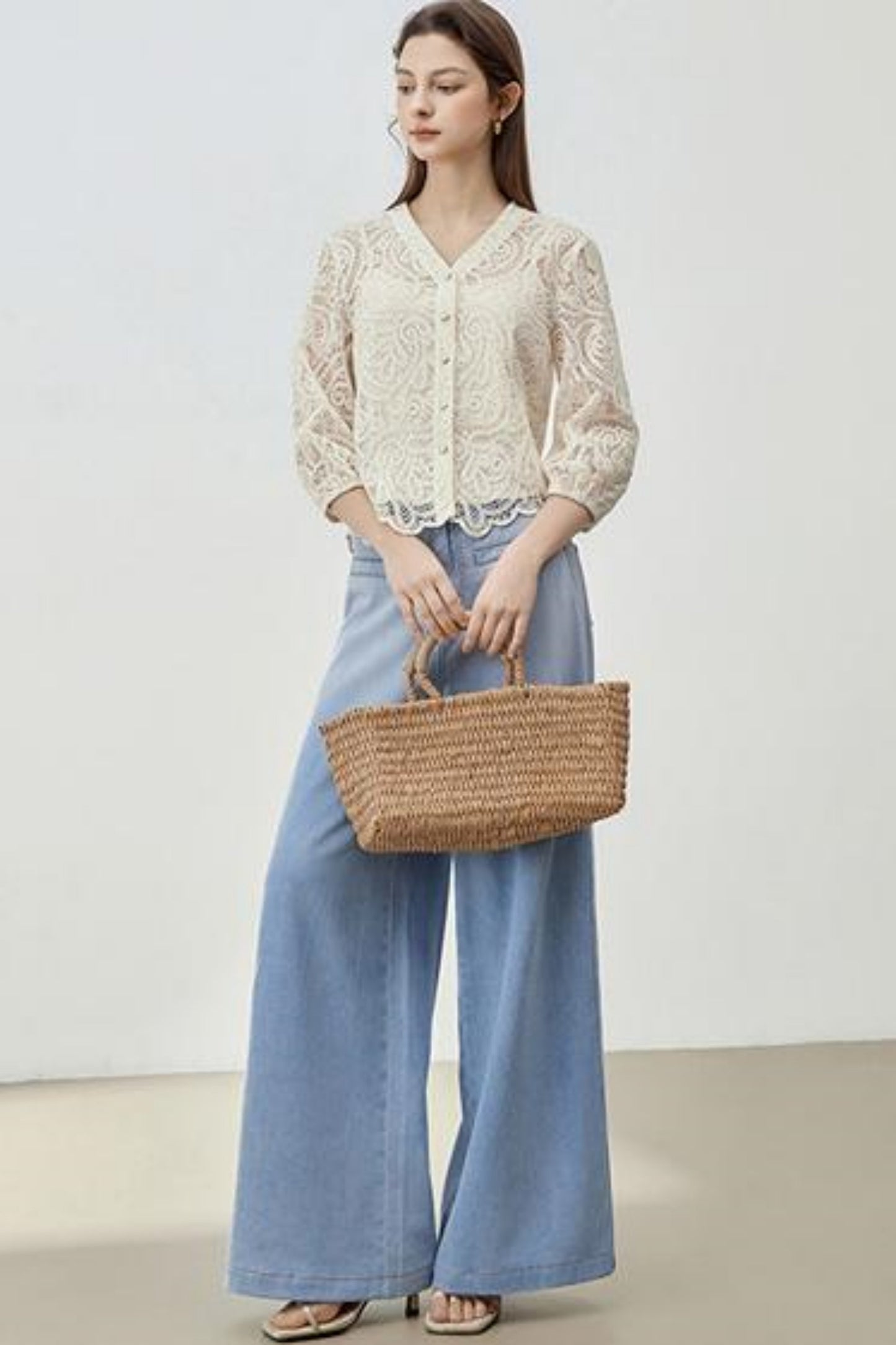 V-Neck Lace Blouse Set