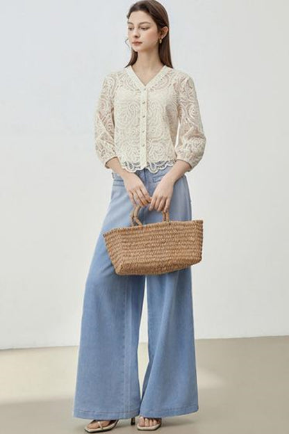 V-Neck Lace Blouse Set