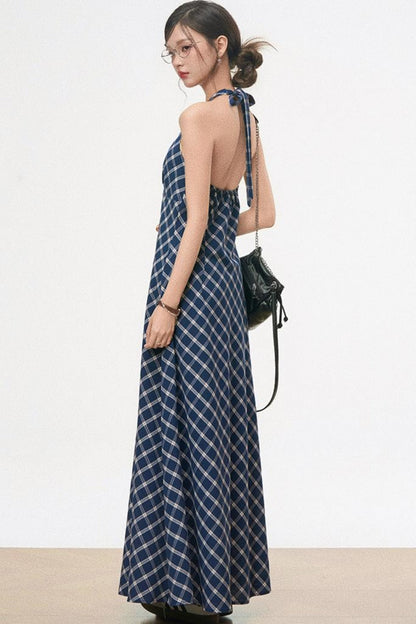 Retro Plaid Halter Dress With Smock Set-Up
