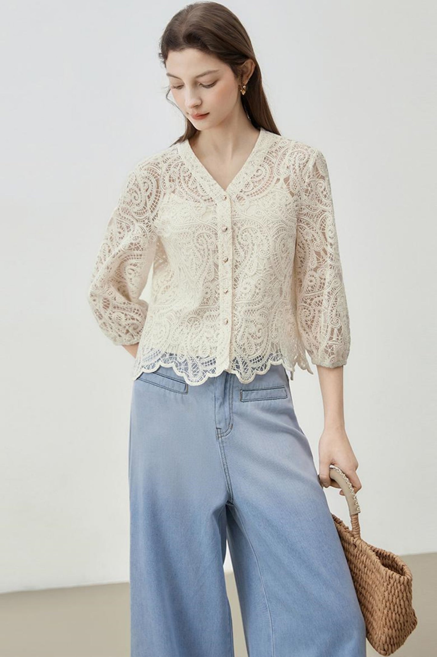 V-Neck Lace Blouse Set