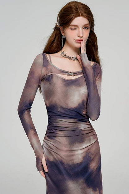 Tie-Dye U-Neck Long Sleeve Slim Dress Set