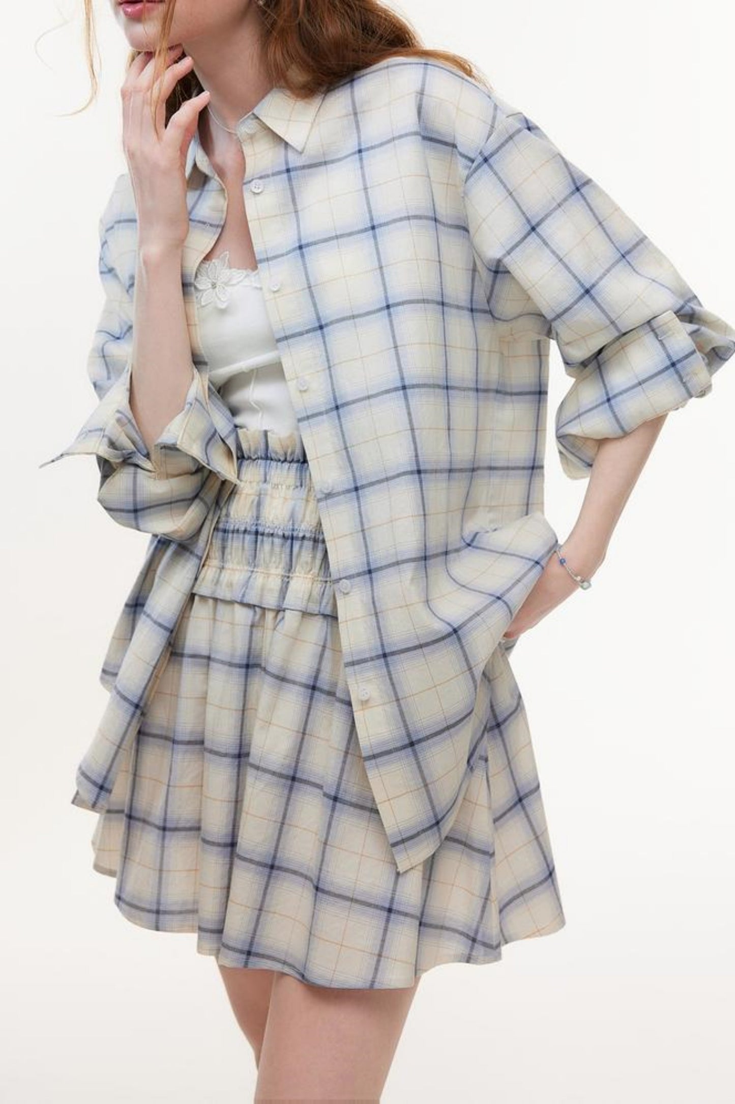 One-Shoulder Smocked Check Blouse