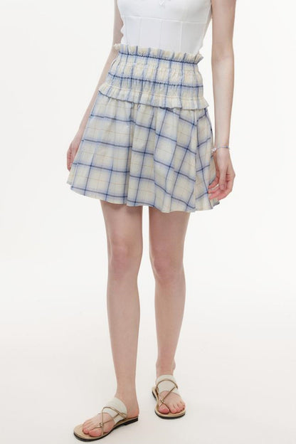 One-Shoulder Smocked Check Blouse