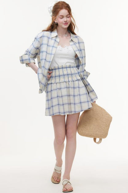 One-Shoulder Smocked Check Blouse
