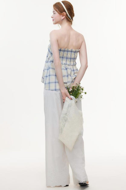 One-Shoulder Smocked Check Blouse