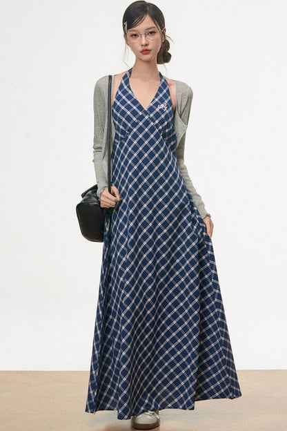 Retro Plaid Halter Dress With Smock Set-Up