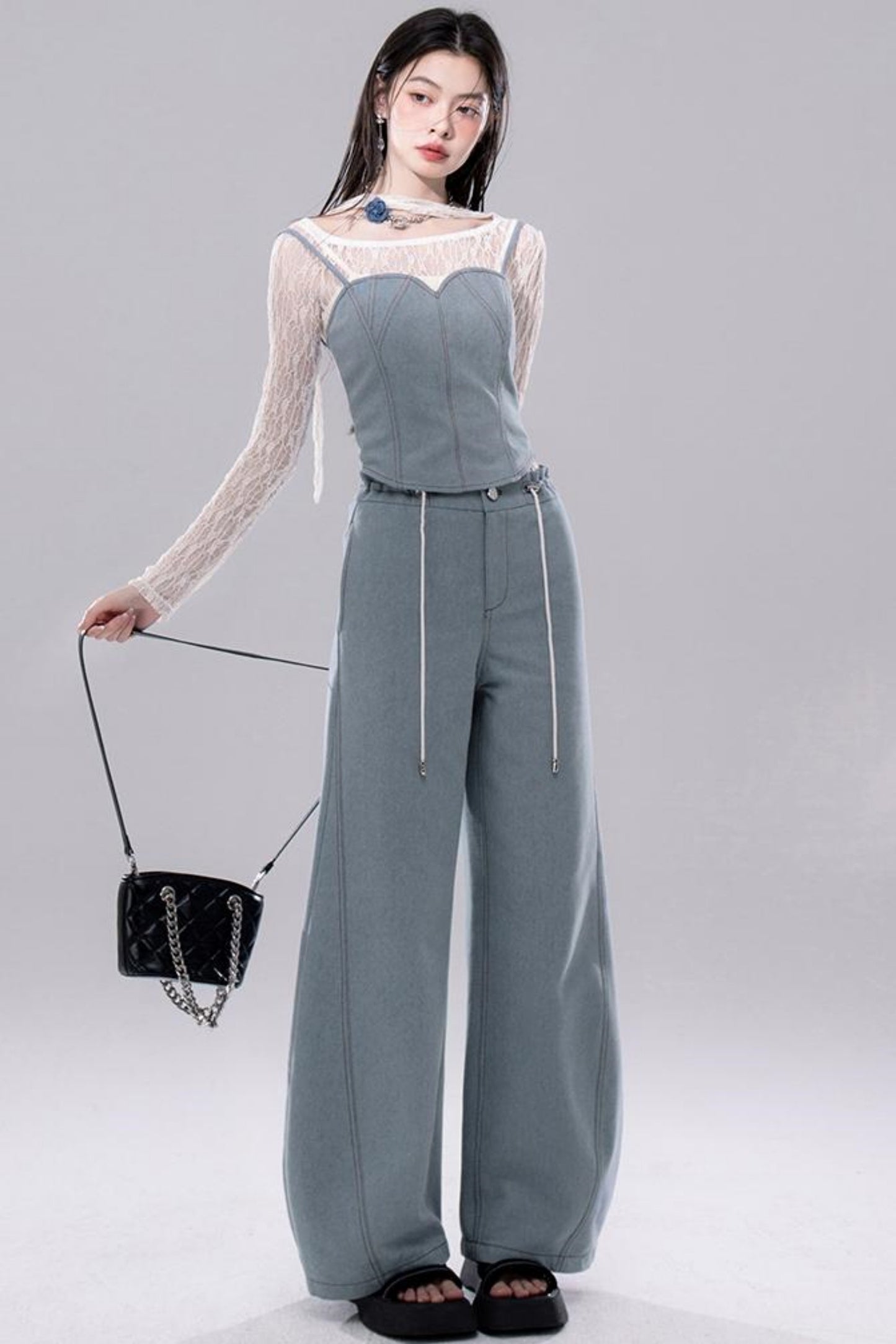 Denim Fusion Lace Suspenders Vest & Sickle Pants Set