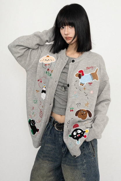 American Retro Fun Animal Crew Neck Knit Cardigan