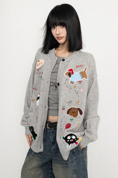 American Retro Fun Animal Crew Neck Knit Cardigan