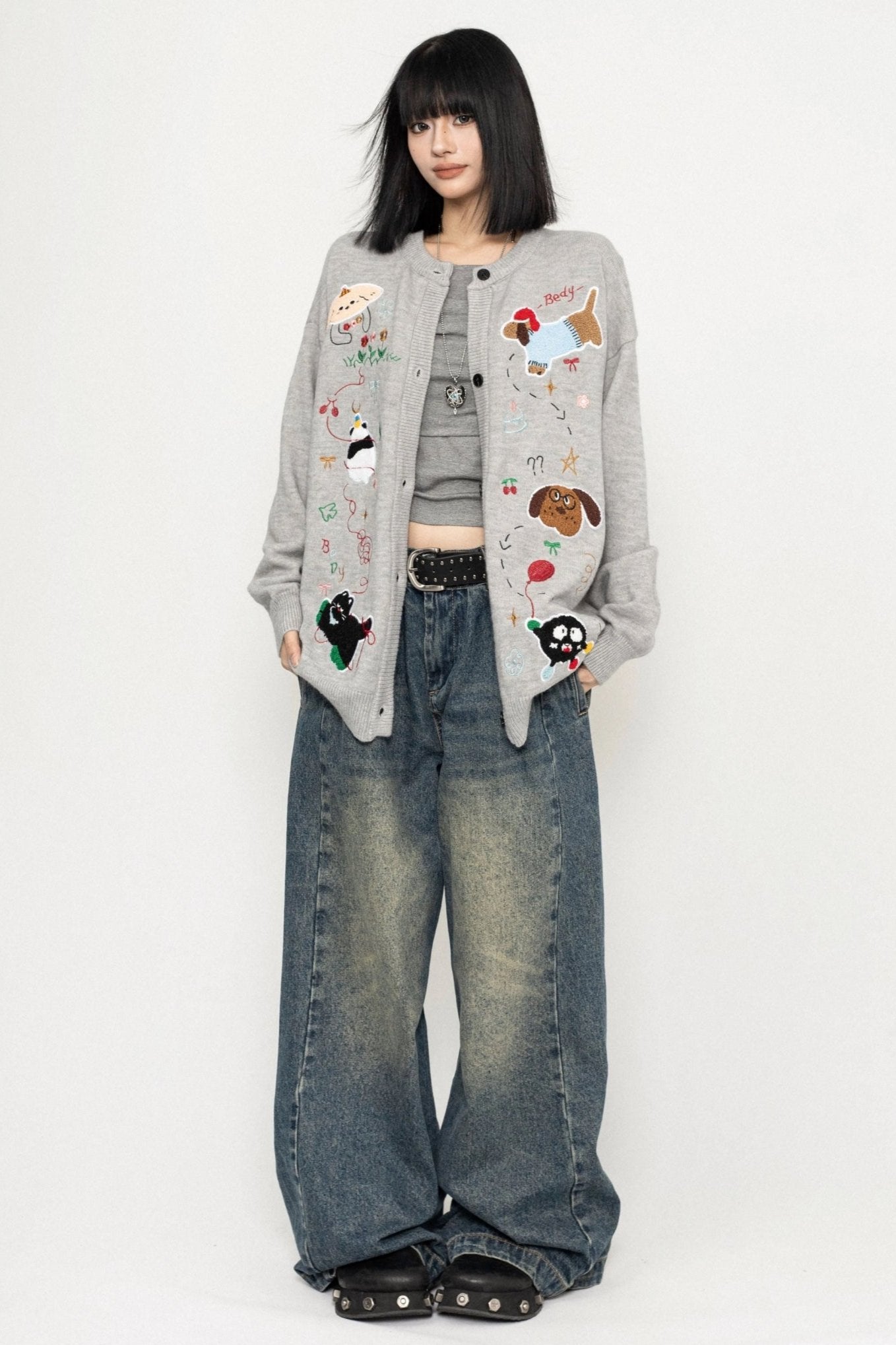 American Retro Fun Animal Crew Neck Knit Cardigan