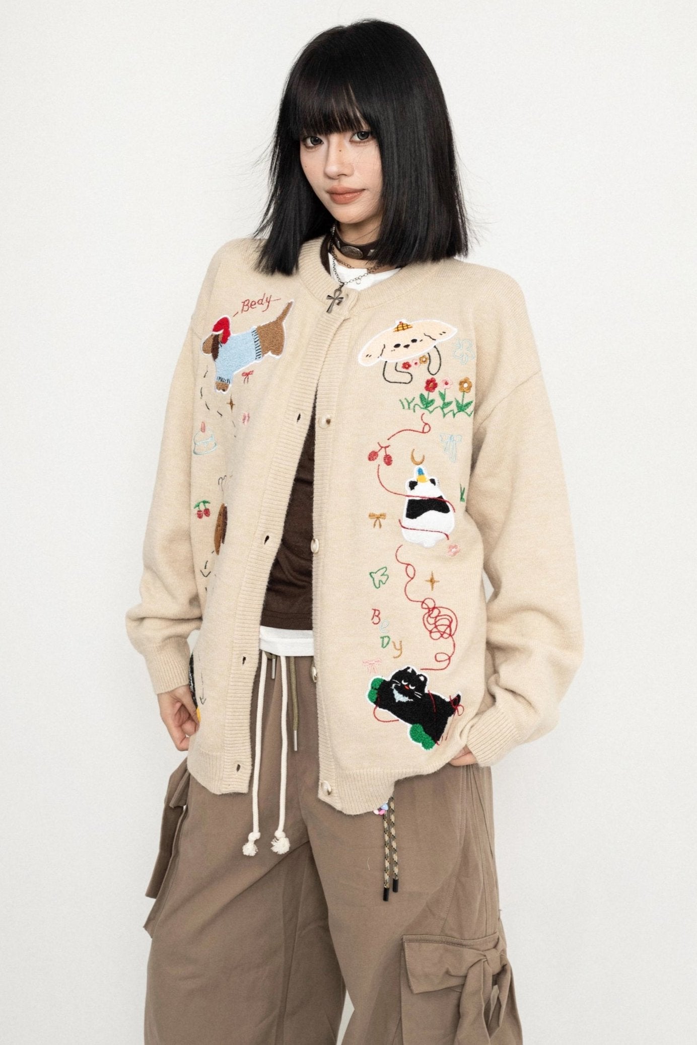 American Retro Fun Animal Crew Neck Knit Cardigan