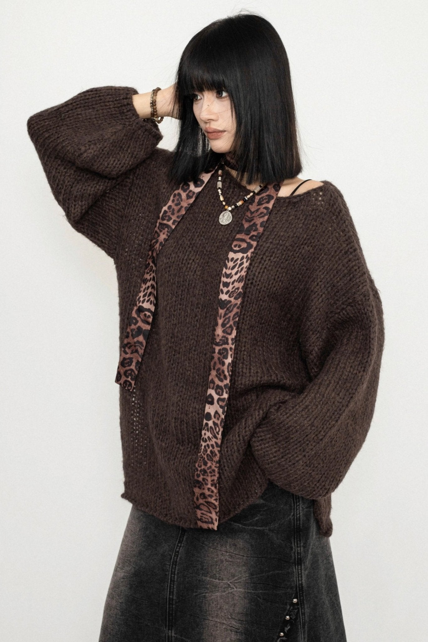 KOREAN LAZY KNIT SWEATER LEOPARD Print Lace-Up Top