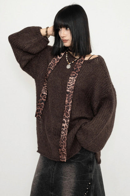 Korean Lazy Knit Sweater Leopard Print Lace-Up Top