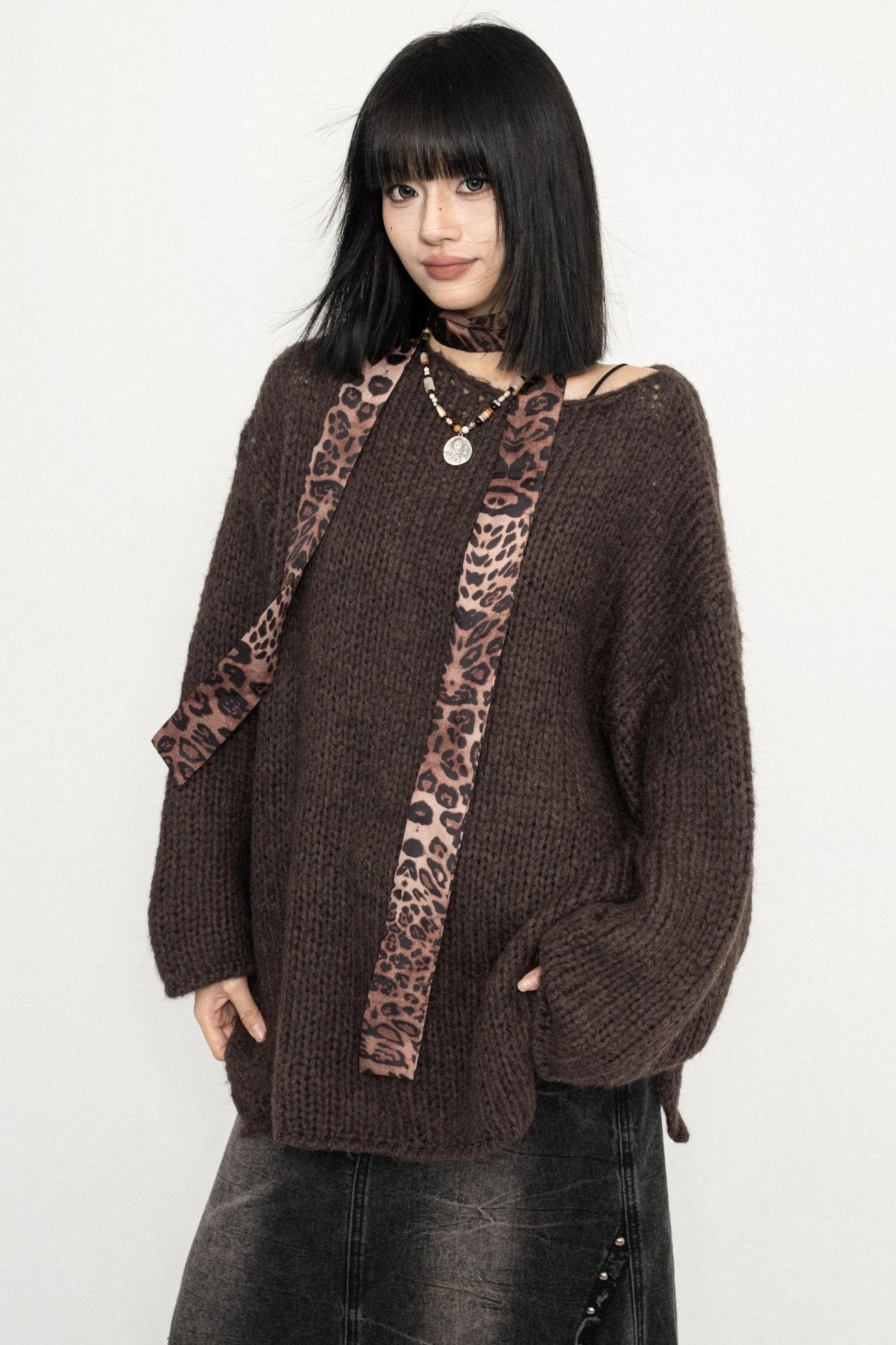 Korean Lazy Knit Sweater Leopard Print Lace-Up Top