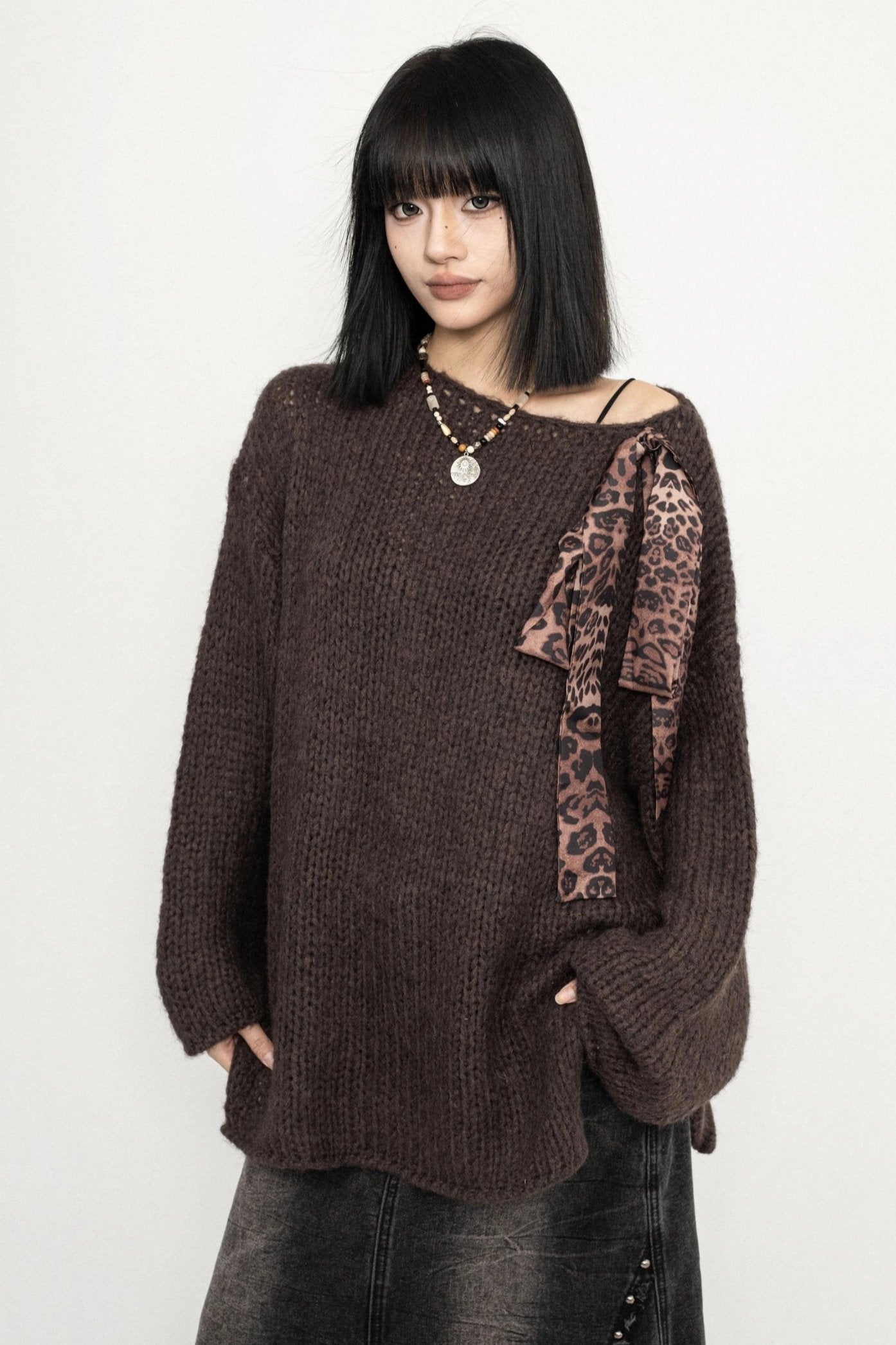 Korean Lazy Knit Sweater Leopard Print Lace-Up Top