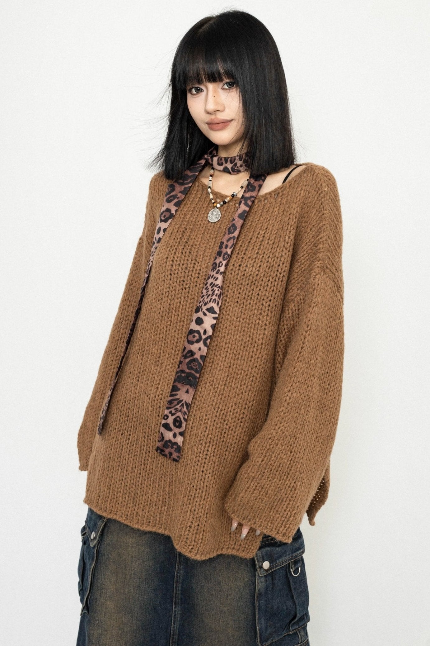 KOREAN LAZY KNIT SWEATER LEOPARD Print Lace-Up Top