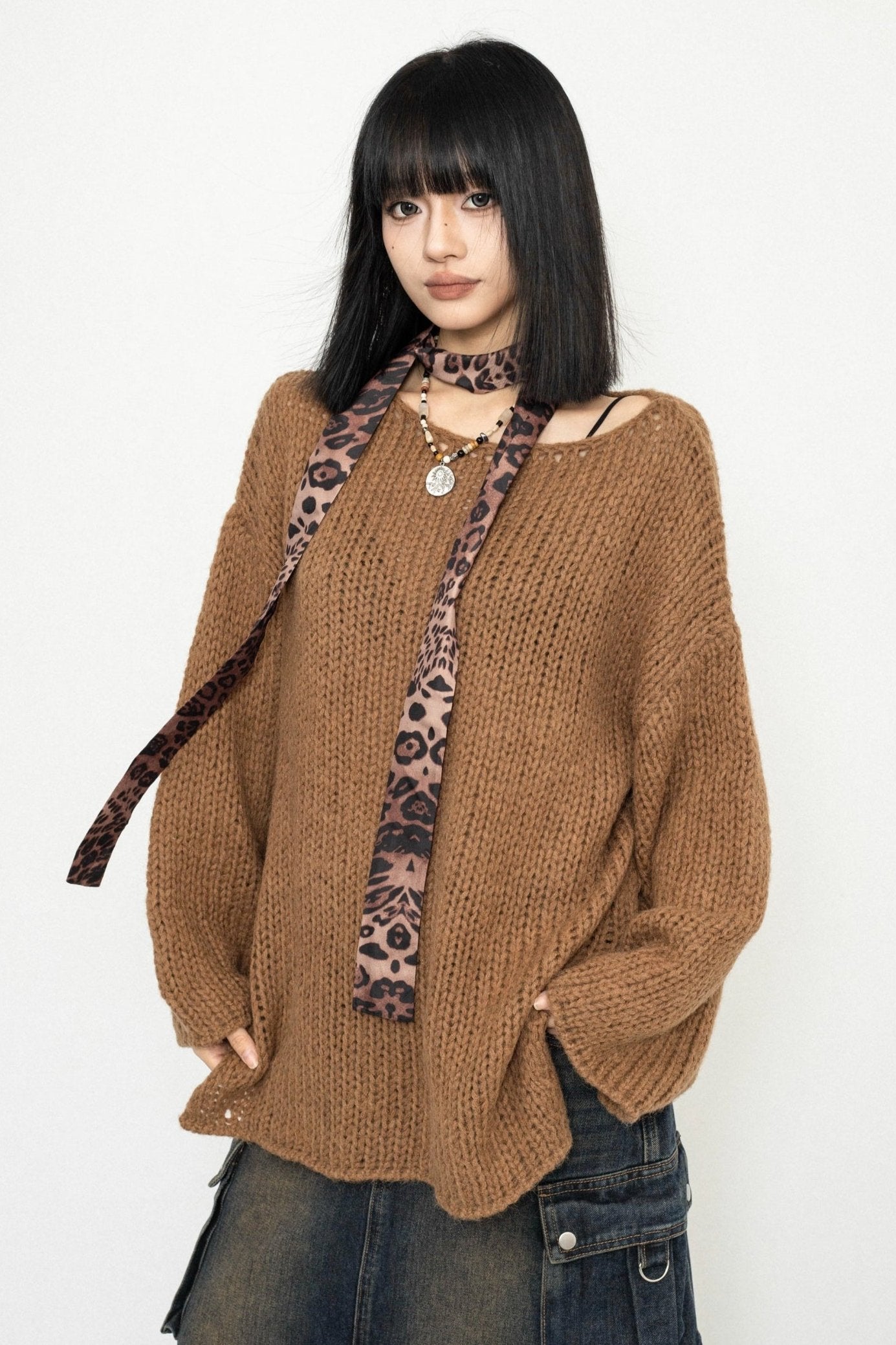 KOREAN LAZY KNIT SWEATER LEOPARD Print Lace-Up Top