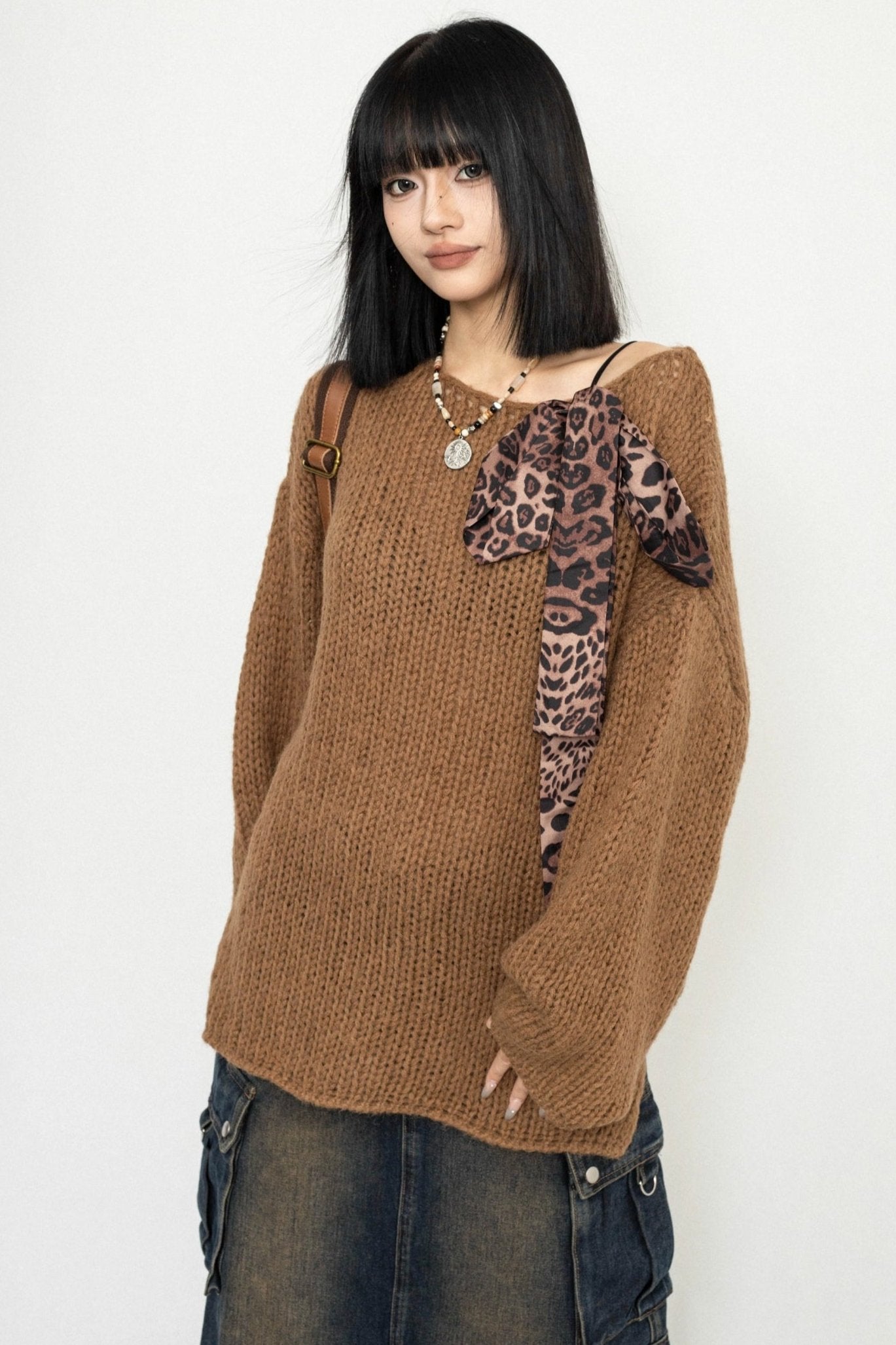 Korean Lazy Knit Sweater Leopard Print Lace-Up Top