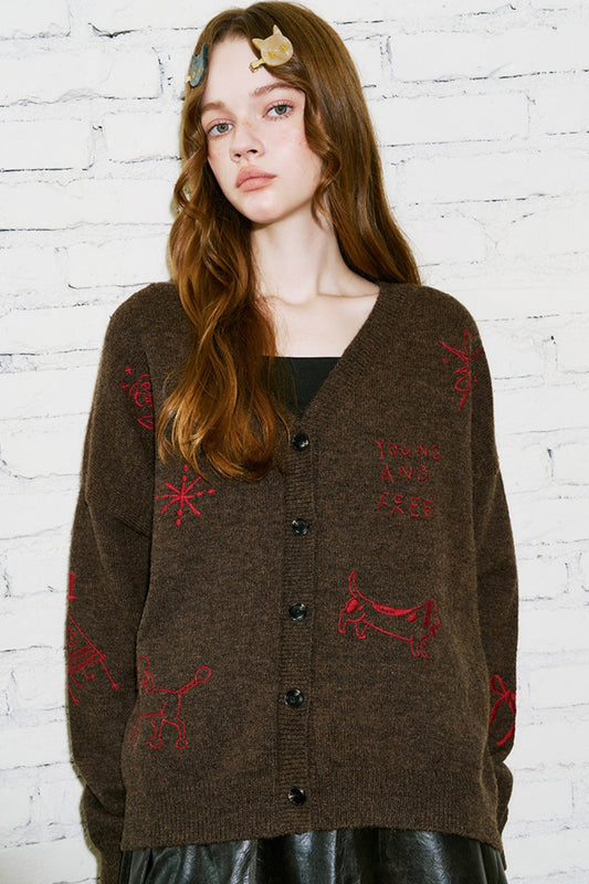 Vintage Embroidery V-Neck Knitted Cardigan