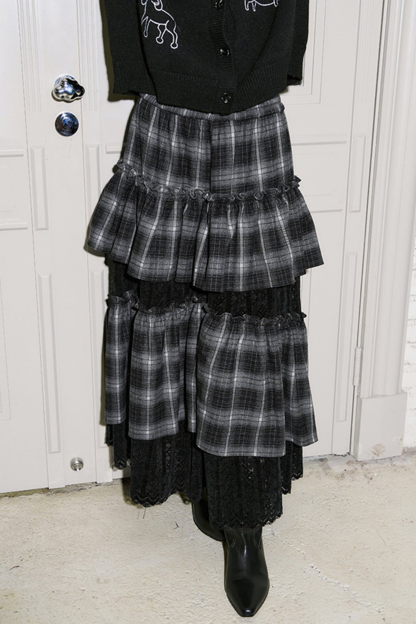 Brushed Plaid Patchwork Lace Skirt