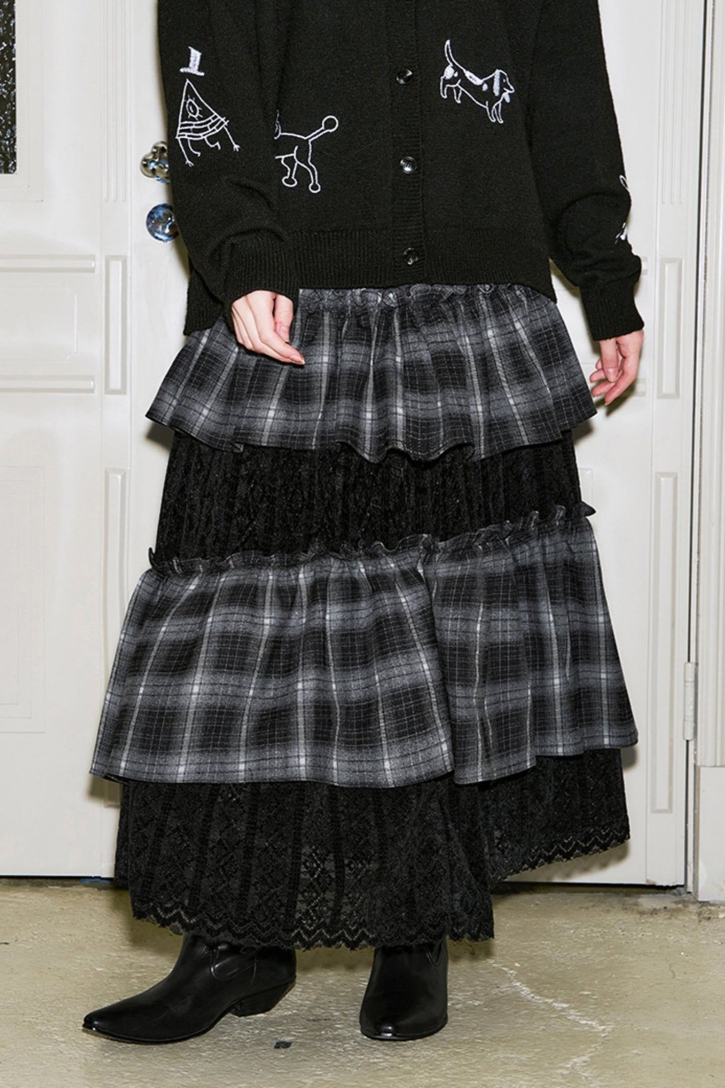 Brushed Plaid Patchwork Lace Skirt