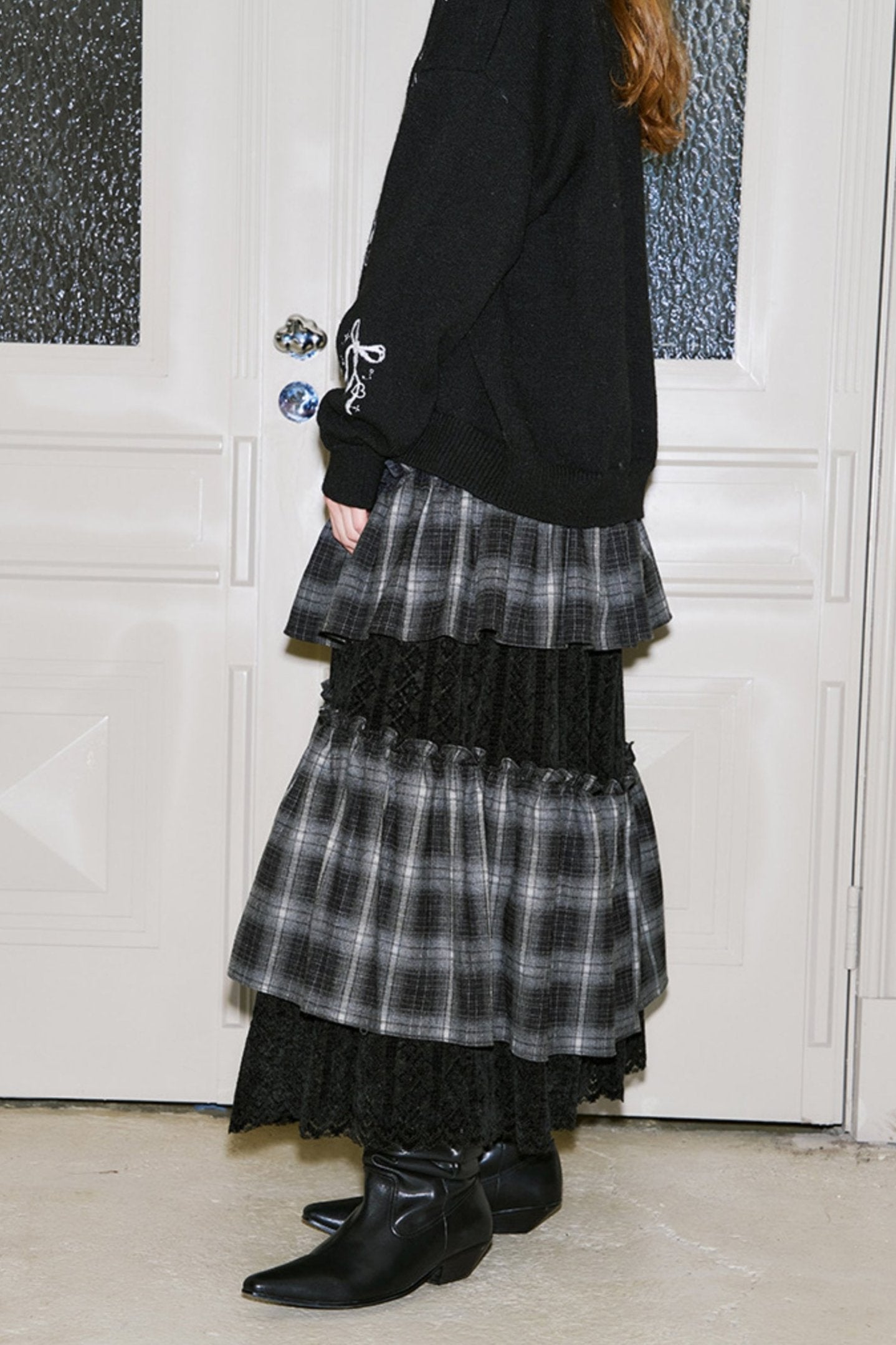 Brushed Plaid Patchwork Lace Skirt