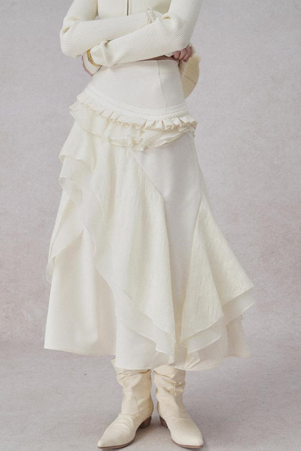 White Wool Lace Asymmetrical Skirt
