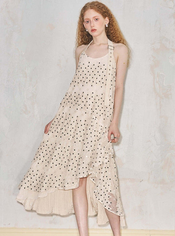 Lace Irregular Sleeveless Halterneck Dress