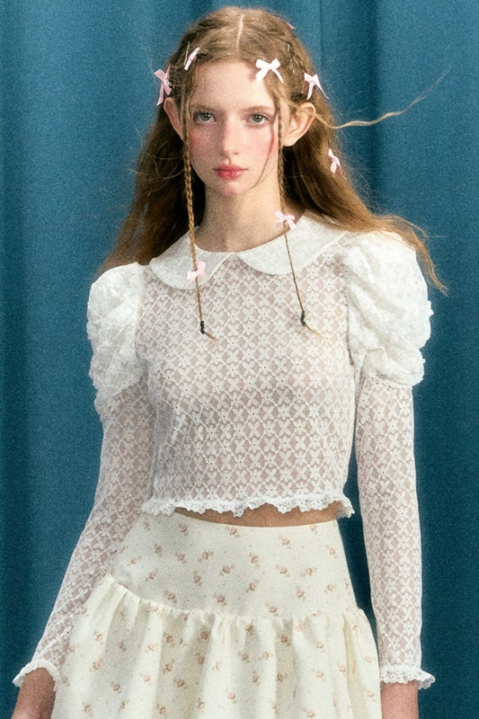 Narrator's original design: white lace doll collar lace puff sleeve elastic base layer with sheer autumn underneath