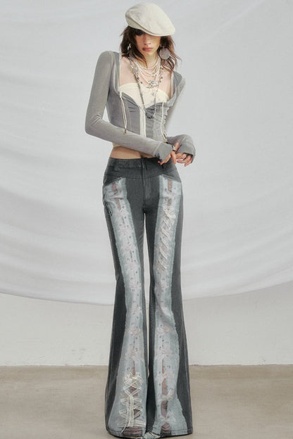 Visual Play Lace Ribbon Bow Jeans