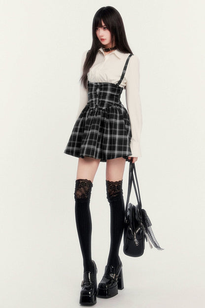 High WAIST HERRINGBONE CHECK STRAP SKIRT