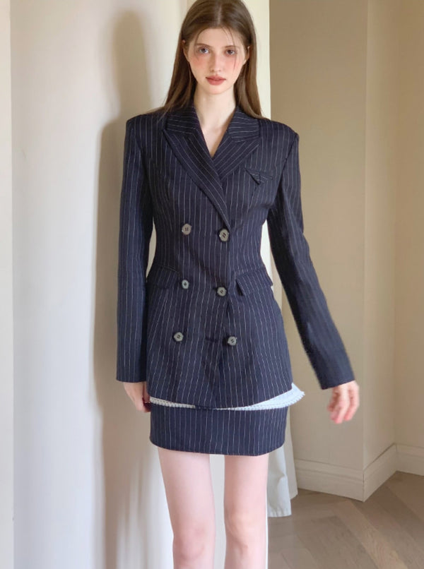 High-End Striped Blazer Skirt Set-Up