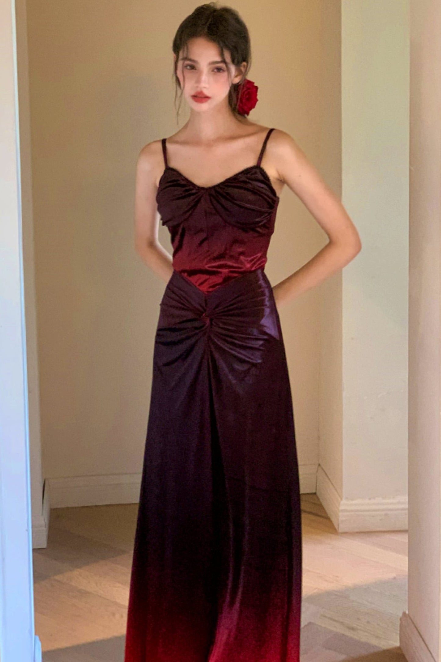 Long Velvet Rose Slip Dress