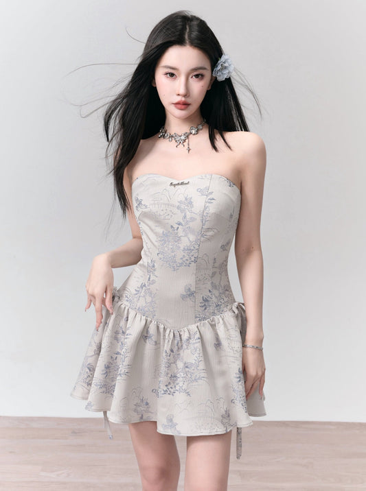 [Spot] fragile shop - ink sweetheart Delicate silver blue embroidered jacquard bandeau dress summer floral dress