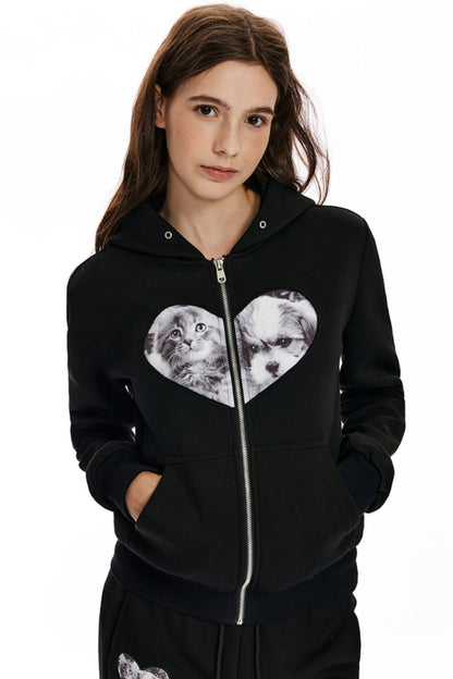 Cat & Dog Love Hooded Zipper Jacket