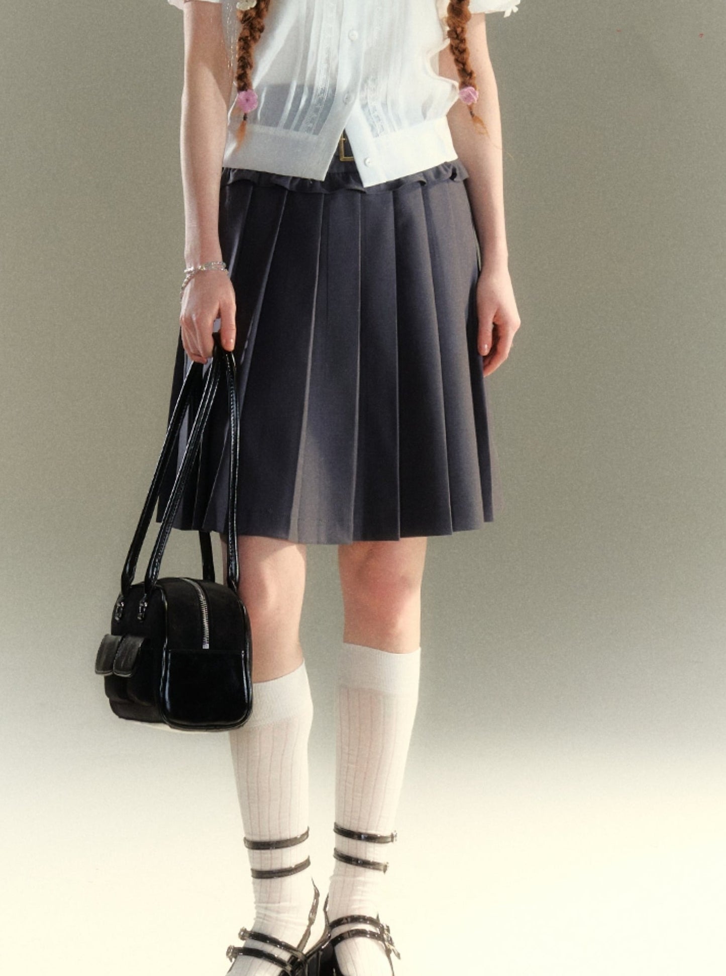 American Double Belt Pleated Skirt