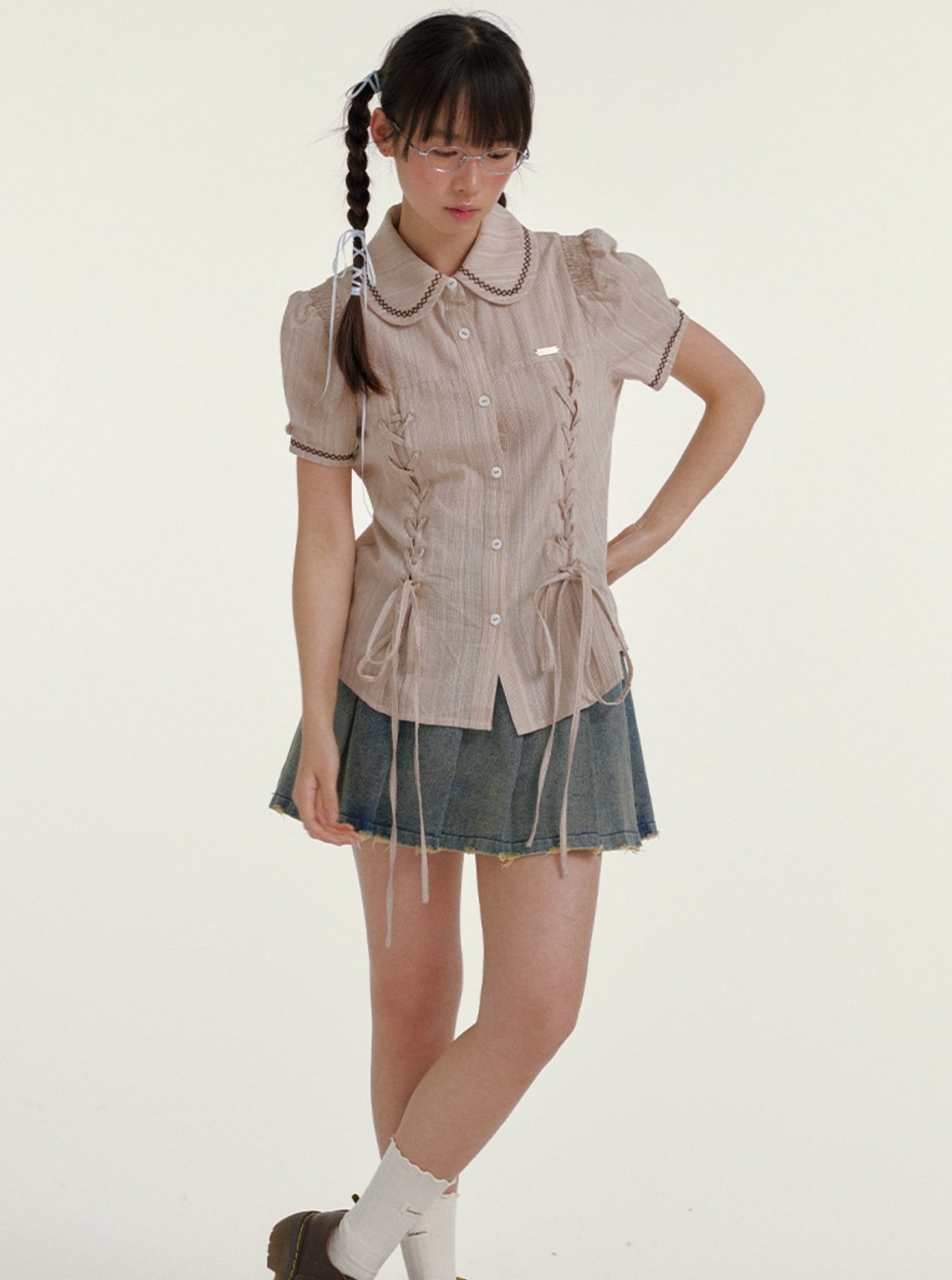 Blue Striped Cropped Casual Doll Collar Shirt