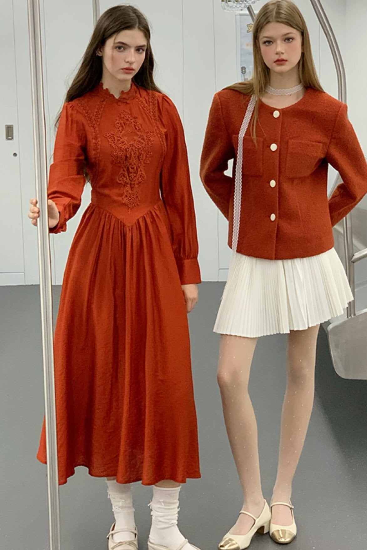 Design Retro Red Long Sleeve Dress