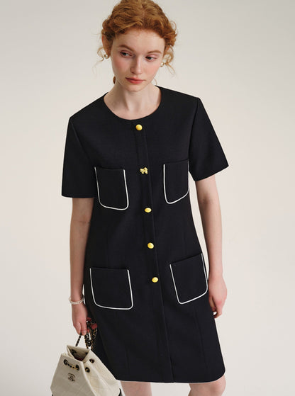 Contrasting Black Gold Button Dress