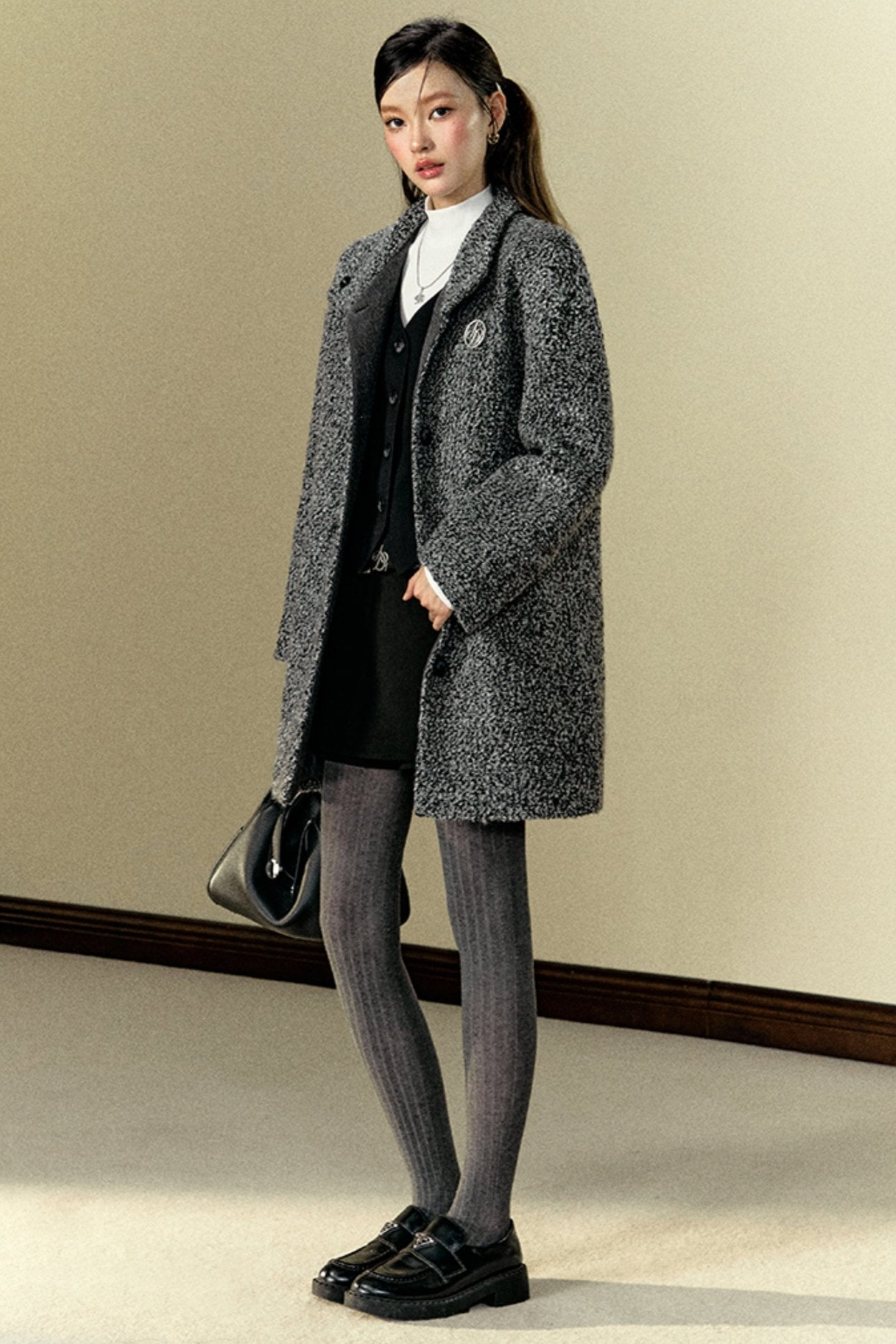 Mid-Length Woolen Stand-Collar Coat