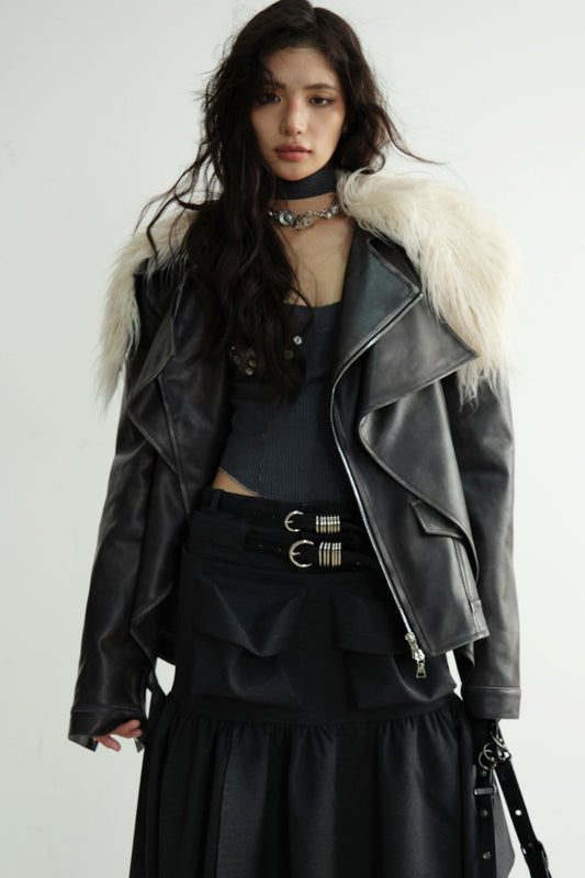 Dark Retro Rock Long Fur Collar Jacket