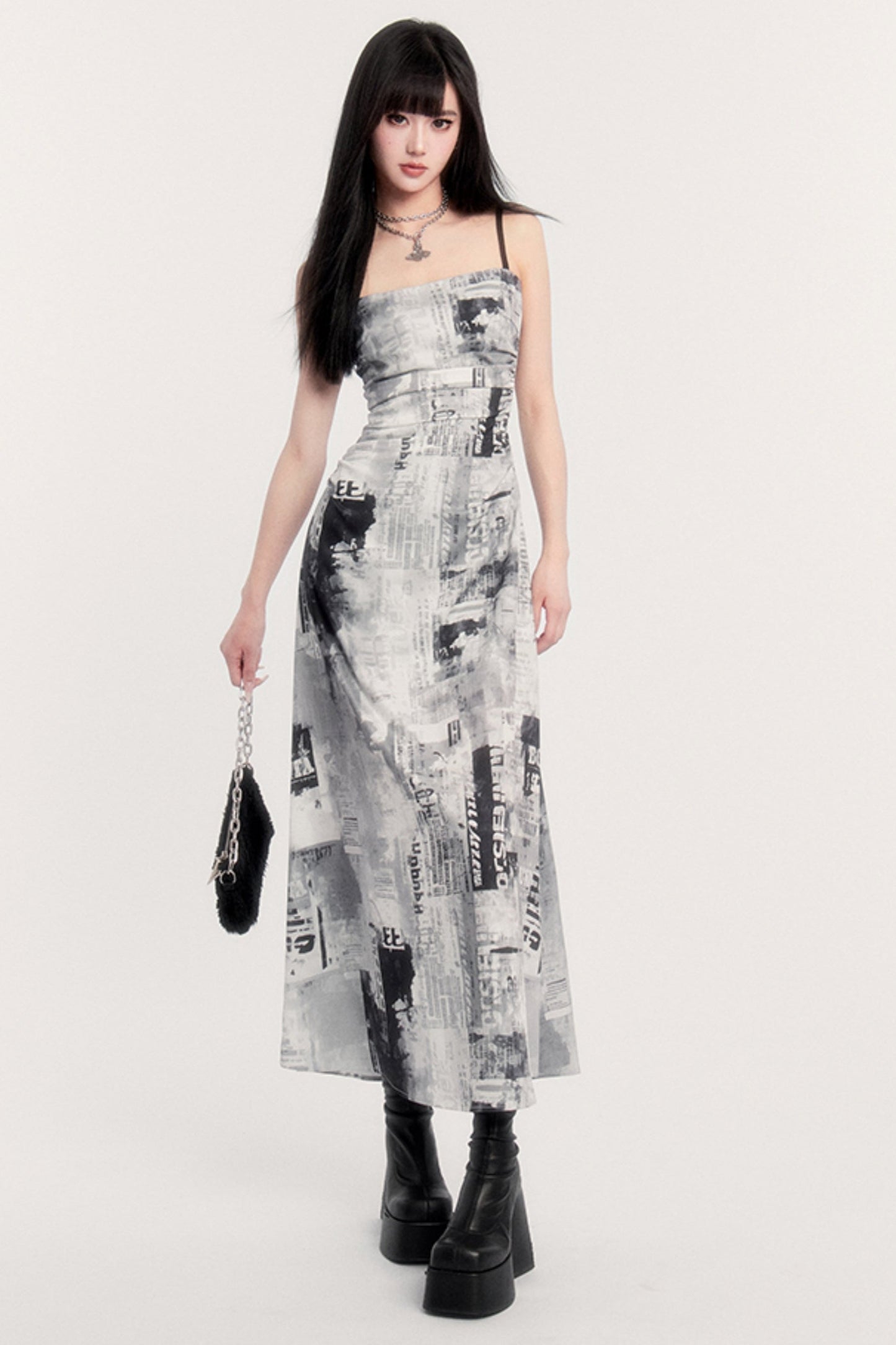 Retro Punk Pictorial Print Slip Dress