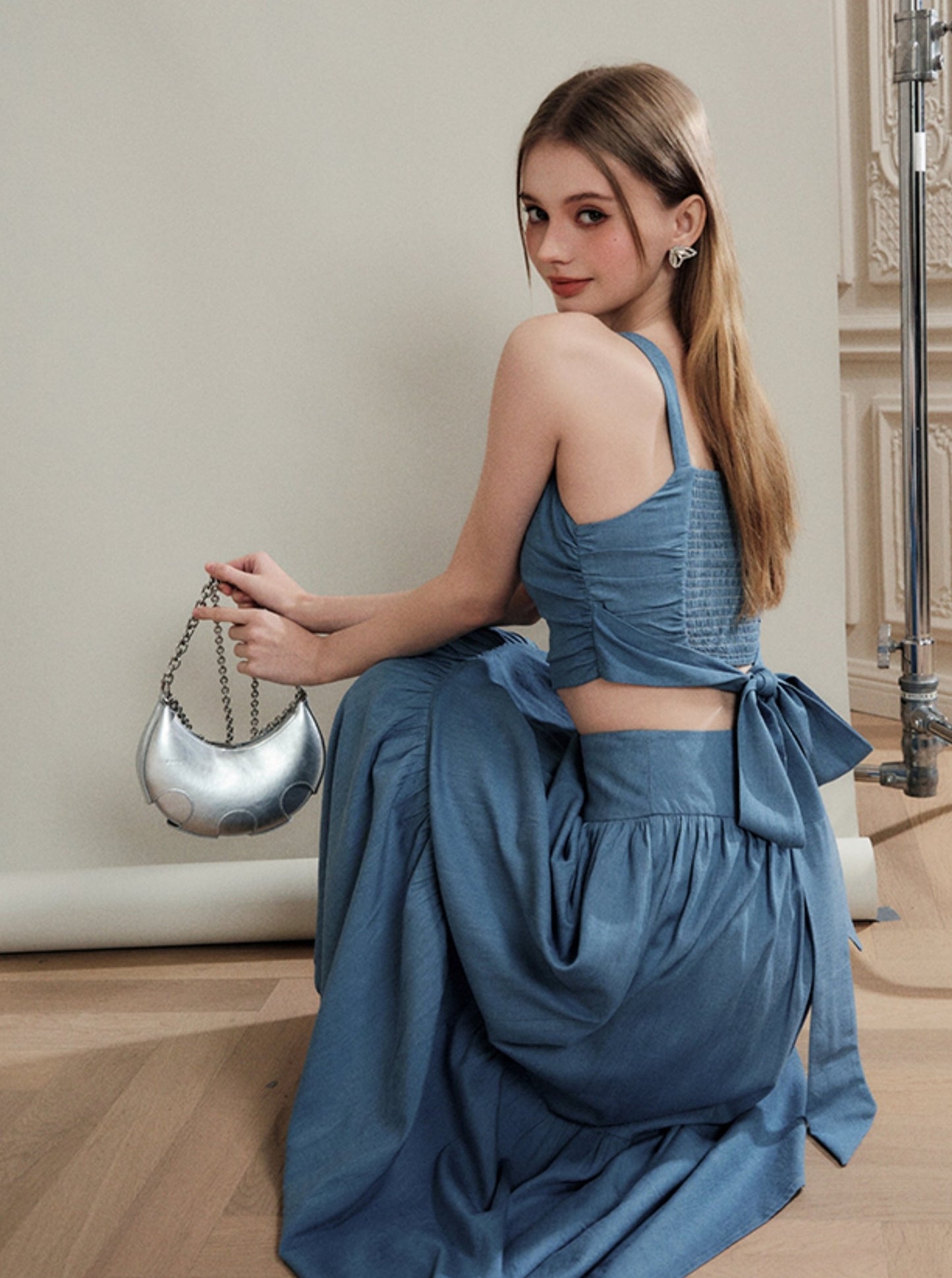 French Back Bow Blue Top And Skirt Set-Up