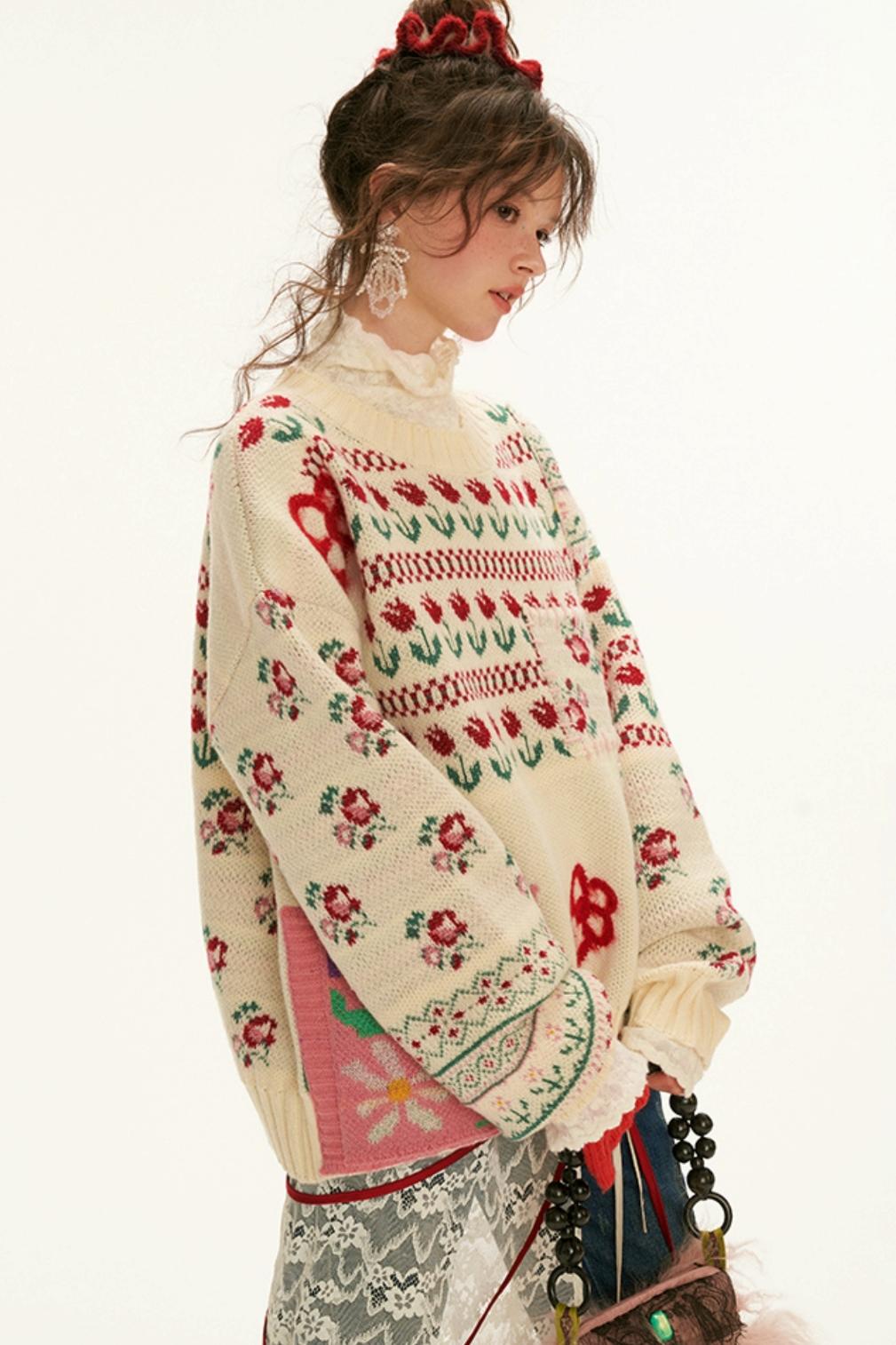 Fair Isle Floral Knit Sweater