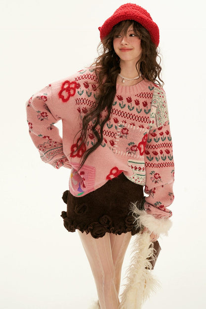 Fair Isle Floral Knit Sweater