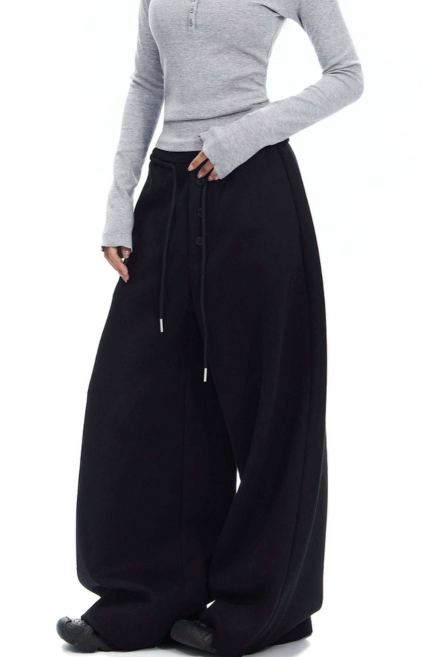 APEA American Retro Fake Placket Black Grey Straight Leg Sweatpants Women's Elasticated Waist Drawstring Loose Wide Leg Casual Pants