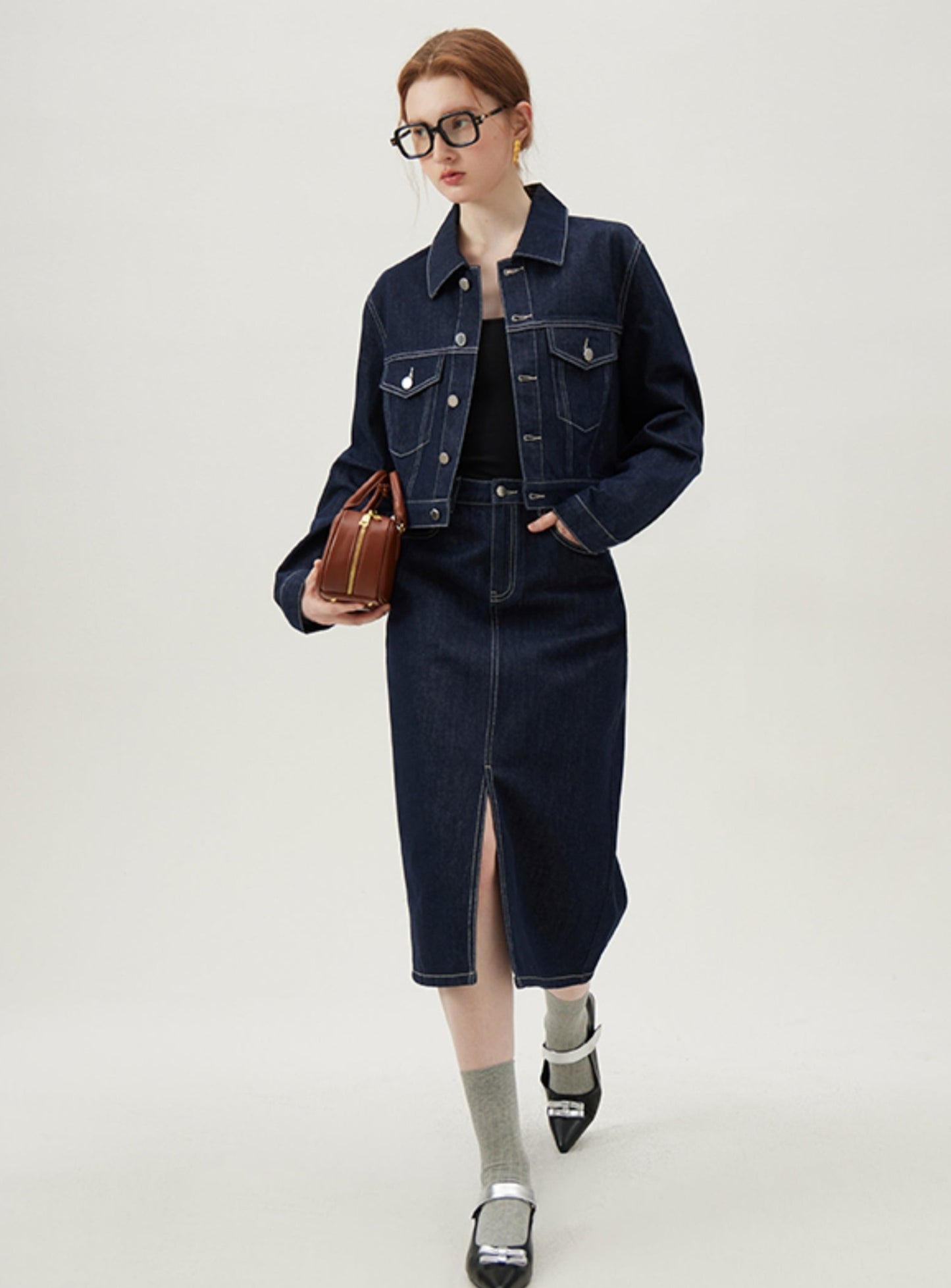 Casual Denim Short Jacket & Skirt Set-Up