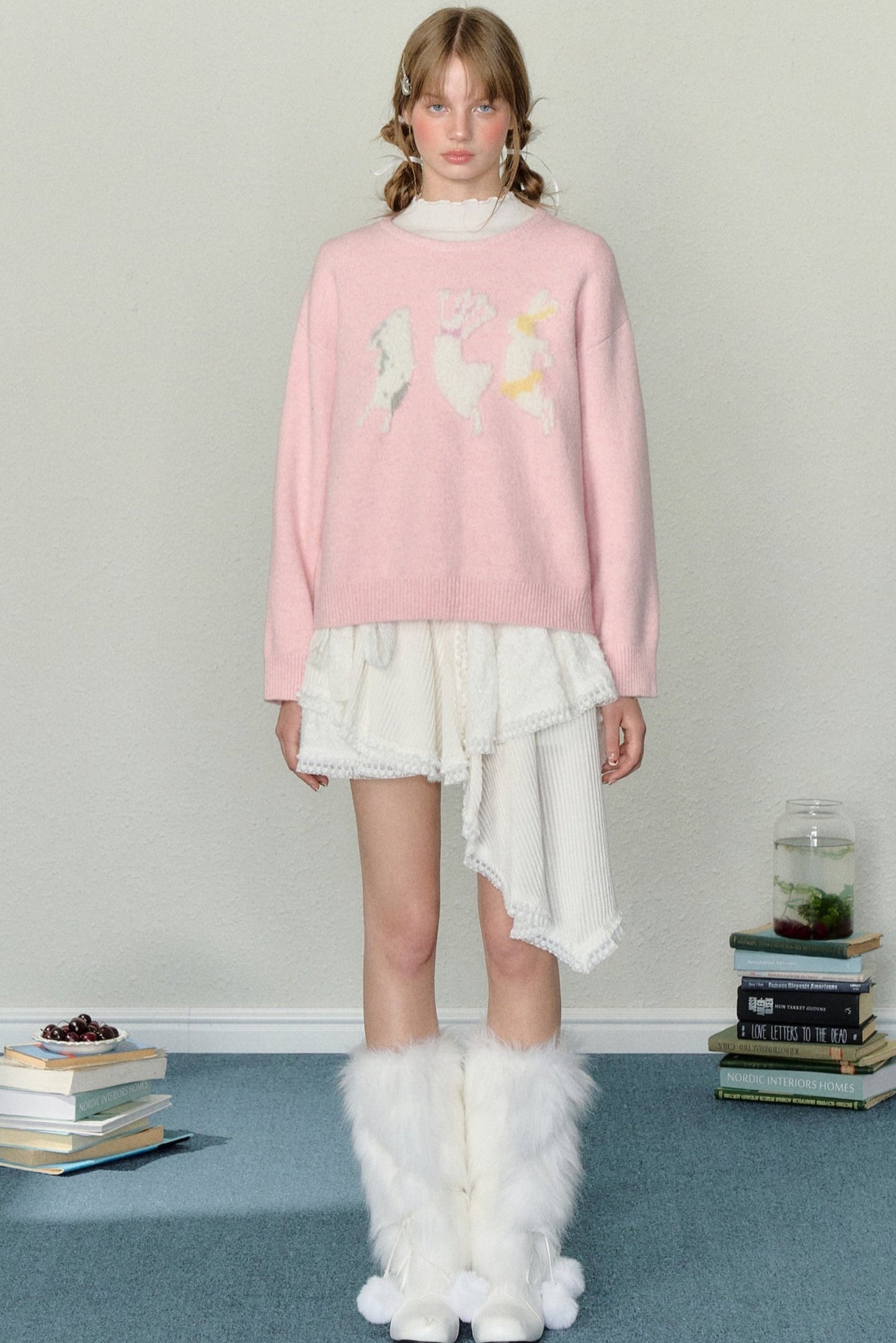 AYF Plush Bunny Sweater Fall/Winter French Vintage Sweet Lazy Loose Crew Neck Pullover Knit Sweater Women