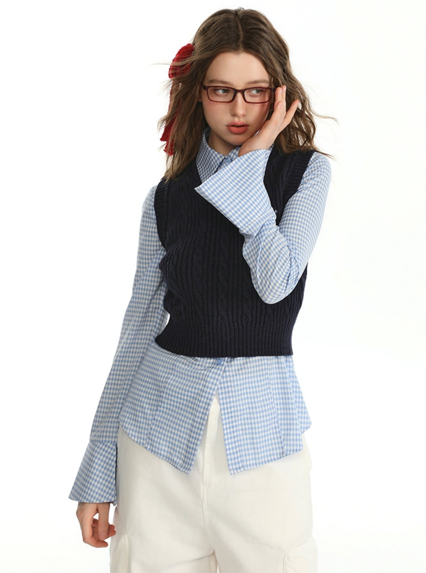 Shirt With Vintage Sweater Vest And Skirt Set-Up