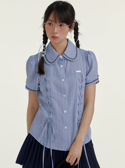 Blue Striped Cropped Casual Doll Collar Shirt